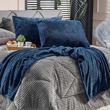 Imagem de Kit De Peseira Canelada Denver C/ Fronhas 03 Peças - Tecido Canelado Mantinha Cor Azul Marinho