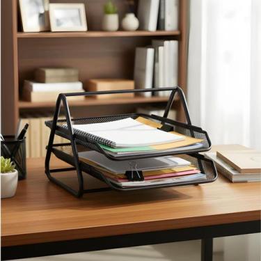 Imagem de Suporte Documentos Mesa Escritório Tela Metálica Preta 2 Andares Bande