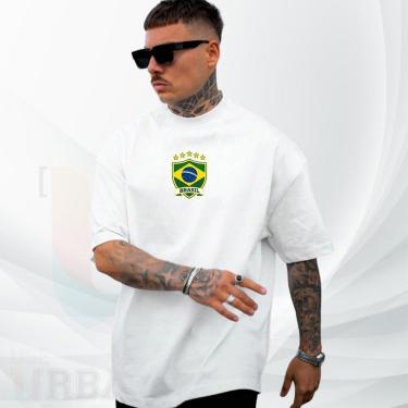 Imagem de Camiseta Oversized Brasil Copa Over Branca 100 Algodão Estampa Escudo Unissex Streetwear-Masculino