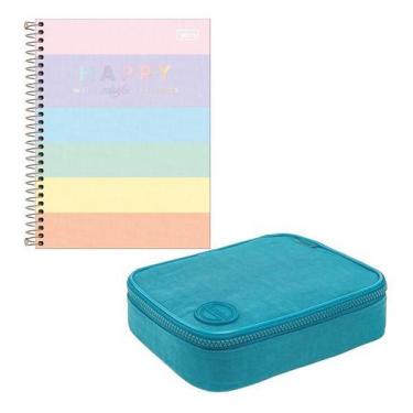 Imagem de Estojo Escolar Box 100 Pens Jumbo + Caderno Happy Tilibra , Turquesa