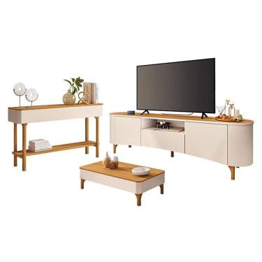 Imagem de Rack Bancada Elara com Mesa de Centro Liz e Aparador Fiero Off White Cinamomo - HB Móveis