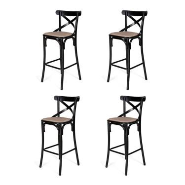 Imagem de Conjunto 4 Banquetas Katrina com Encosto em Aço Preto Assento Corano para Bancada de Co...
