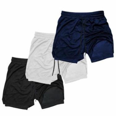 Imagem de Kit 3 Shorts Treino Dry Térmico 2 em 1 com Bolso para Cel. e Porta-Toalha Calção Fitnes...