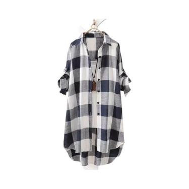 Imagem de Blusa Feminina plus Size Vintage Com Listras E Xadrez, Manga Longa, Le