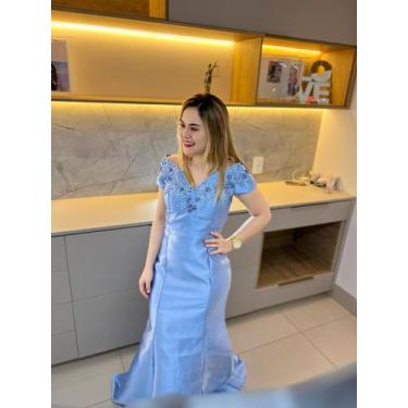 Imagem de Vestido Itavest de festa longo manga curta  cor azul tecido cetim TAM 
