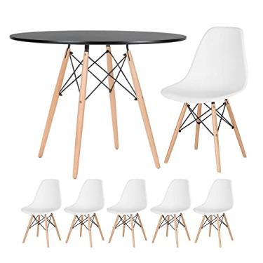 Imagem de Loft7, Kit Mesa redonda Eames 100 cm preto + 5 cadeiras Eiffel Dsw Branco