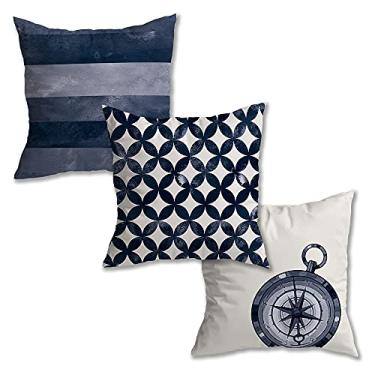 Imagem de Kit 3 Capas de Almofada Nautica Suede Ziper Invisível (Azul Listra Degrade + Petalas + Bússola - 45 x 45cm)