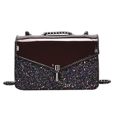 Imagem de Bolsas transversais de couro envernizado para mulheres com alça de corrente fashion com aba, bolsa de ombro, Marrom