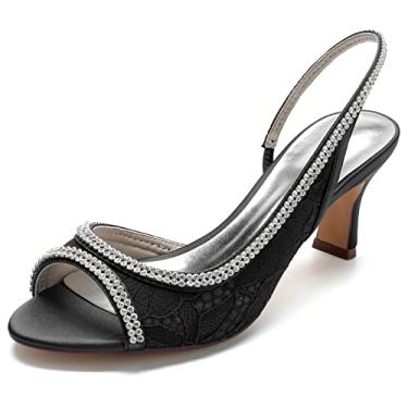 Imagem de Sandálias femininas de strass para casamento fofas de renda conforto salto gatinho peep toe Slingback, Preto, 10