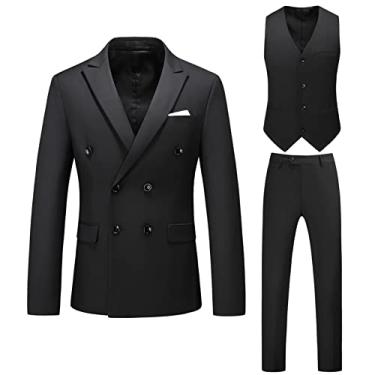 Imagem de Conjunto de terno masculino 3 peças blazer calça colete plus size trespassado casual slim fit blazer jaquetas para festa jantar baile, preto, P