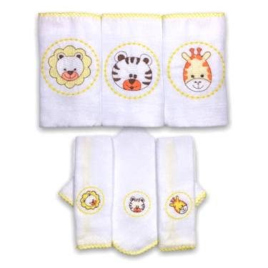 Imagem de Kit 6 Fraldas De Pano para Bebê Bordada (3 de Ombro + 3 De Boca) (Safari Amarelo (Girafa, Tigre e Leão))