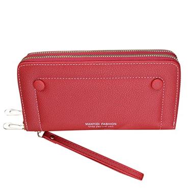 Imagem de Carteira longa feminina de couro artificial bolsa aberta vários compartimentos para cartão clutch carteira masculina de couro, Vermelho, One Size