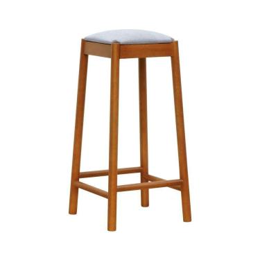 Imagem de Banco Alto Amber Madeira Maciça - Amêndoa Assento Estofado Linho Bege Mescla Impermeável