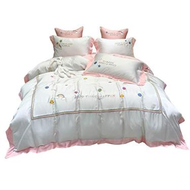 Imagem de Jogo de cama de verão Ice Silk Bedding 4 peças king size imitação de seda bordada, lençol de cama confortável (branco 1,5 m)