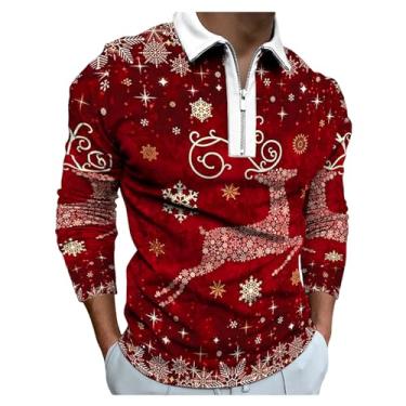 Imagem de Camisa polo masculina estampa de rena 3D digital estampada, pulôver de manga comprida combinando com cores, Vermelho, 3G