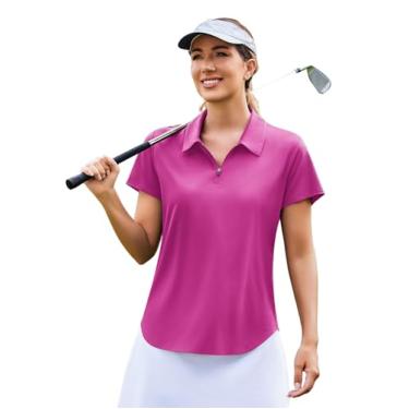 Imagem de PINSPARK Camisa feminina de golfe com zíper FPS 50+, proteção solar, gola e manga curta, camiseta atlética, Vermelho rosa, XXG