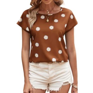 Imagem de Yueary Camiseta feminina casual manga cavada estampa floral cetim seda blusa solta leve verão elegante camiseta, Marrom, M