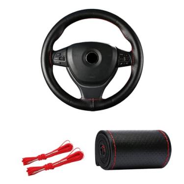 Imagem de Kewucn Capa de volante de couro genuíno, protetor universal de volante de carro de 15 polegadas com linha de agulha, capa de volante antiderrapante respirável DIY Stitch on Wrap (preto e vermelho, furo completo)