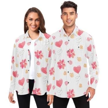 Imagem de Camisa social masculina de manga comprida para mulheres roupas com bolsos Dia dos Namorados corações rosa balões aquarela, Balões aquarela corações rosa dia dos namorados, XXG
