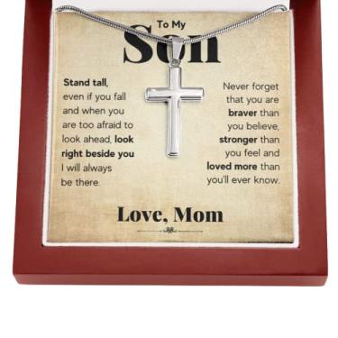Imagem de FG Mall Colar To My Son From Mom, Son Gifts From Mom and Dad, Mother and Son, para meu filho, formatura, Natal, fé, cruz, presente (caixa de LED, suporte alto)