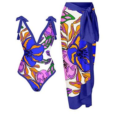 Imagem de Maiô feminino de uma peça com saída de praia combinando étnico floral, conjunto de biquíni sarongue de corte alto, push up, duas peças, Azul escuro, P