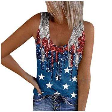 Imagem de Camiseta feminina com bandeira americana Dia da Independência sem mangas, gola V, camiseta casual de malha para o verão, Vermelho melancia, G