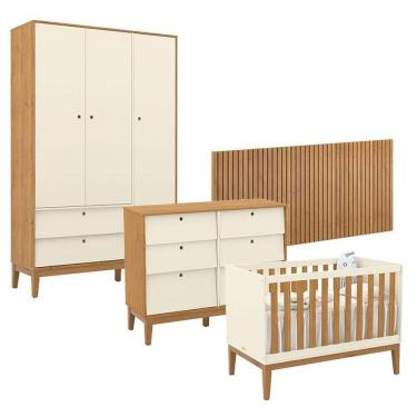 Imagem de Quarto de Bebê Unique 3 Portas com Cômoda 6 Gavetas e Painel Ripado Off White Freijó Eco Wood - Matic