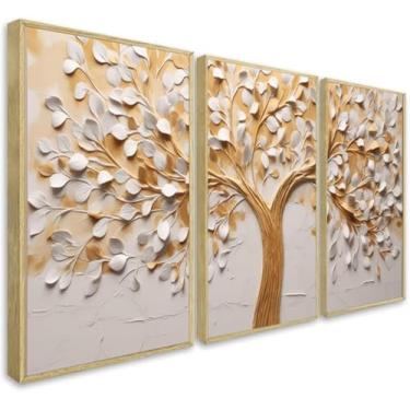 Imagem de Quadro Decorativo Arvore Folhas Gold Luxo Moderno sala Quarto Com Moldura vidro (Moldura Bege, 50x70, Com Vidro)