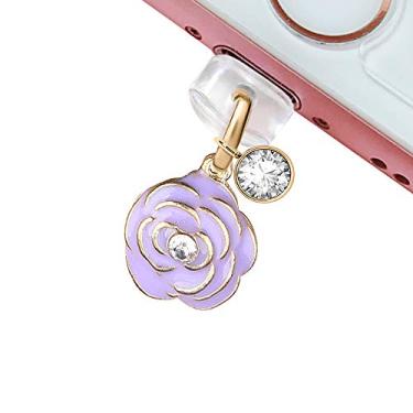 Imagem de EIISE & FONDA Porta de carregamento USB CP34, plugue antipoeira, pingente de flor de rosa roxa para iPhone 11/XS MAX/XR/X/8 Plus/7/6S/6/SE iPad iPod, approx. 1.3 cm (H) x 1.3 cm (W) x 0.3 cm (D),