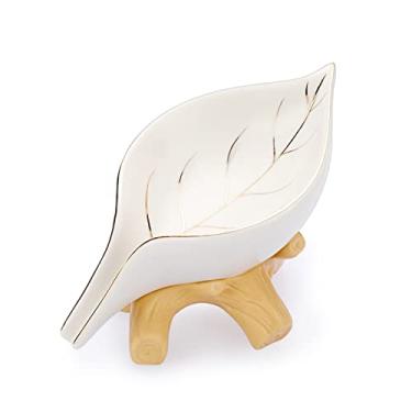 Imagem de JUXYES Suporte para Saboneteira de Cerâmica Autodrenante, Saboneteira Cascata Exclusiva Em Formato de Folha, Bandeja Decorativa para Saboneteira de Mesa, Drenável, para Banheira, S (, Branco)