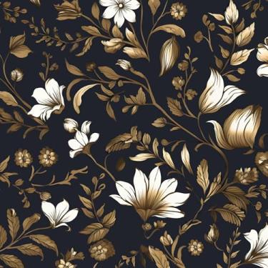Imagem de BOKEBEVE Papel de Parede Floral Azul Marinho Preto Dourado, Vintage, Escuro para Armário de Balcão Cozinha Backsplash 43,5 x 395 cm