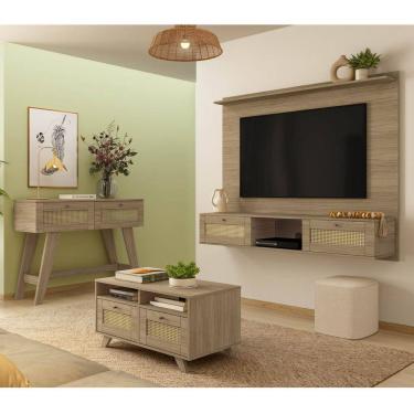Imagem de Conjunto Sala Painel p/ TV até 72", Aparador 2 Gavetas, Mesa de Centro Trama Carvalho - Artely