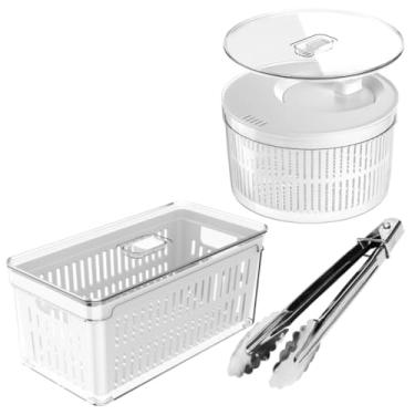 Imagem de Kit Centrífuga Secadora de Salada Giratória 5em1 + Pote Organizador De Geladeira Com Tampa 5L Clear Fresh + Pegador de Salada Inox Multiuso