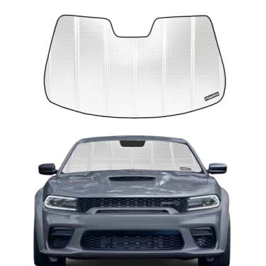 Imagem de Protetor solar de para-brisa B Pigenius para Dodge Charger 2011-2023 sem câmera montada no espelho retrovisor. Película de alumínio refletiva de atualização 2024 para proteção interna máxima