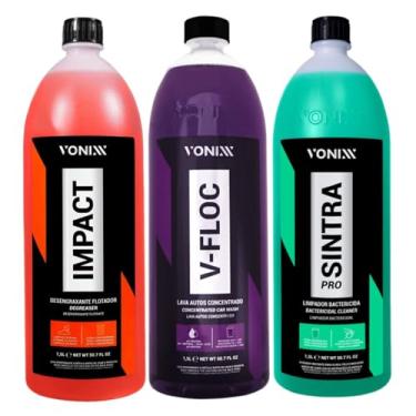 Imagem de Vonixx Kit Limpeza Automotiva, Impact Desengraxante 1,5L + V-Floc Shampoo 1,5L + Sintra Pro Limpador 1,5L