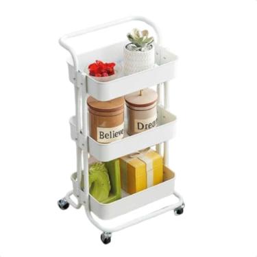Imagem de Carrinho Organizador De Banheiro Lavanderia Fruteira Auxiliar Cozinha Armazenamento MultiusoEscritório Manicure Maquiagem Rodinha Giratória 03 Prateleiras Plástico com Alça (Branco)
