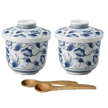 Imagem de Copos japoneses Chawan-mushi com tampa e colher, 8,27 x A2,95 polegadas, 21 ml, padrão tradicional japonês de folhas arabescas, mino, conjunto de 2, do Japão M2202