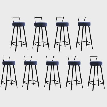Imagem de Kit 09 Banqueta Alta Com Encosto Tais Eiffel Cozinha Bar Bistrô Ferro Preto Corino Azul Marinho - Ahz Móveis
