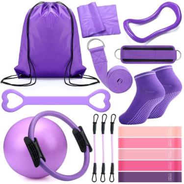 Imagem de RoundFunny Conjunto de anéis de pilates, 18 peças, acessórios de equipamentos de exercício para mulheres, exercícios, bola de pilates, alça de alongamento, círculo mágico, anel de ioga, academia