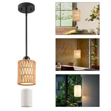 Imagem de OUVR Luminária Pendente Estilo Boho, Luminária Suspensa De Vime Com Cúpula 2 Em 1 De Linho E Tecido, Luminária De Teto Para Ilha De Cozinha, Sala De Jantar, Casa De Fazenda, Quarto (1 Pacote)