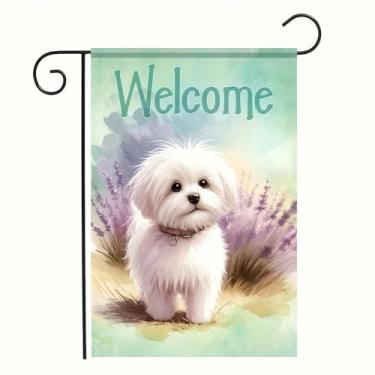 Imagem de BlissYard Bandeira de jardim de boas-vindas linda bandeira branca de cachorro maltês 30,5 x 45,7 cm dupla face pequena decoração ao ar livre para primavera verão fazenda bandeira de férias para