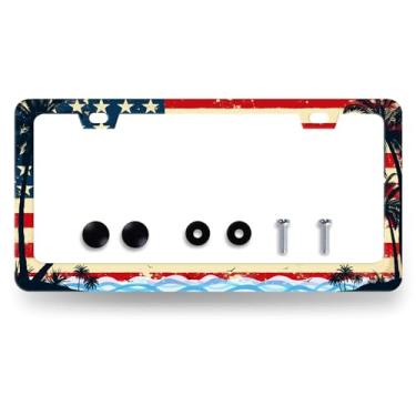 Imagem de Bandeira Americana Palmeira Onda Moldura de Placa de Licença Patriótica Havaí Acessórios de Aço Inoxidável Decoração de Carros 12,3 X 6,3 Polegadas com Furos e Parafusos Serve para Veículos Padrão dos