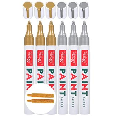 Imagem de Canetas de tinta prata dourada para pintura de rocha, pedra, cerâmica, metal, vidro, madeira, tecido, lona, pacote com 6 marcadores permanentes à base de óleo, ponta média, 2 pontas extras de cinzel, tinta de alto volume, 2 vezes vida útil