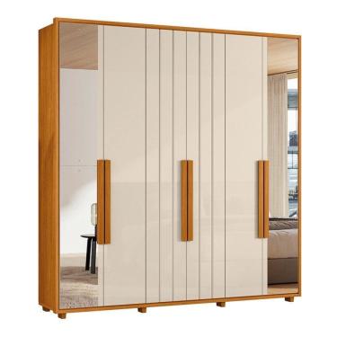 Imagem de Guarda-roupa Casal Portinari Ripado 6 Portas 4 Gavetas 2 Portas C/ Espelho - 7 Decor Cinamomo E Off White
