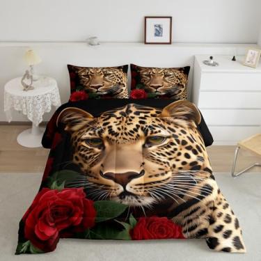Imagem de Erosebridal Conjunto De Cama Chita Com Rosas Vermelhas, Edredom Estampa Leopardo E Gato, Plumas Flores Românticas, Decoração Quarto Tema Animal Para Meninos, Meninas, Jovens, Homens, Mulheres Mulher