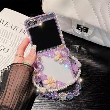 Imagem de Szakdws Capa brilhante para Moto Razr+/Plus 2024 com corrente, linda capa com glitter, flor, pérola, diamante, cristal, strass, 3D, feita à mão com pulseira e chaveiro (roxo)