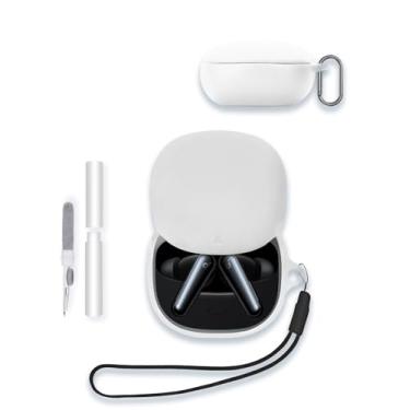 Imagem de Capa protetora de silicone macio WUNIAK para Soundcore Liberty 5, resistente a arranhões, com kit de limpeza, mosquetão e cordão para Anker Soundcore Liberty 5, branca.