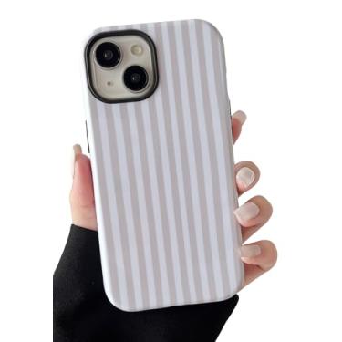 Imagem de Longlayss Capa de telefone compatível com iPhone 13/14 linda estética listrada para mulheres meninas à prova de choque fina TPU e capa protetora de policarbonato rígido (branco antigo)