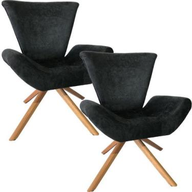 Imagem de Kit Duas Poltronas Elegance Base Giratória Ferro e Madeira Sued Preto 