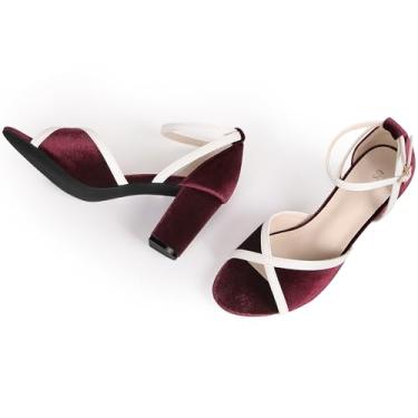 Imagem de Perphy Sandálias femininas de veludo com tira no tornozelo e salto grosso, Borgonha, 40